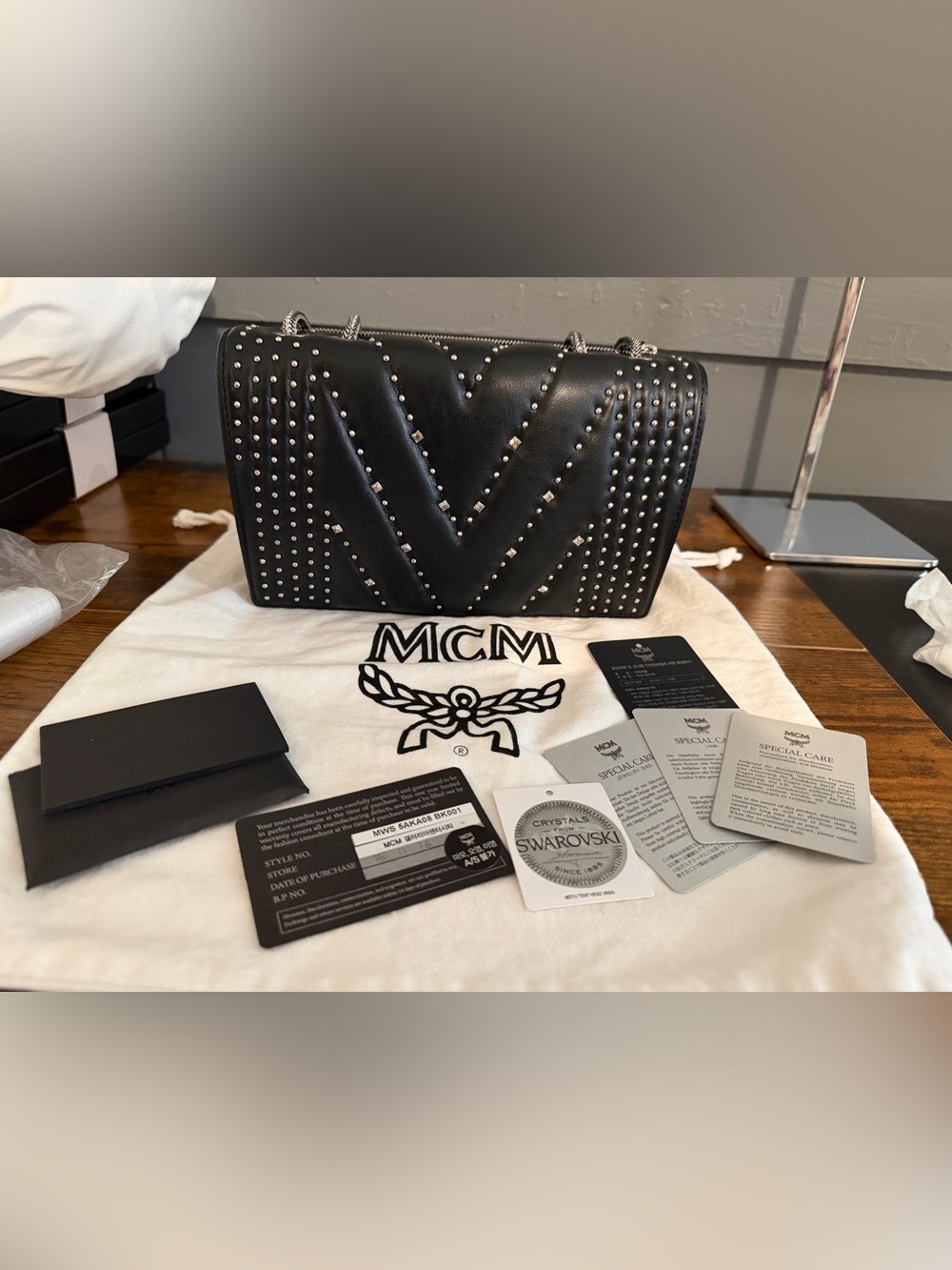 MCM Black Leather Studded with Swarovski Crystals Crossbody with Silver Chain - Picture 14 of 16